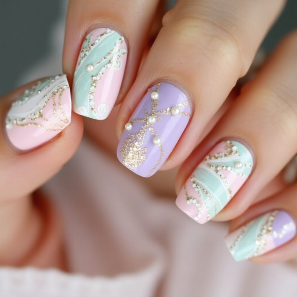 Bridal Shower Water Marbling Nail Design