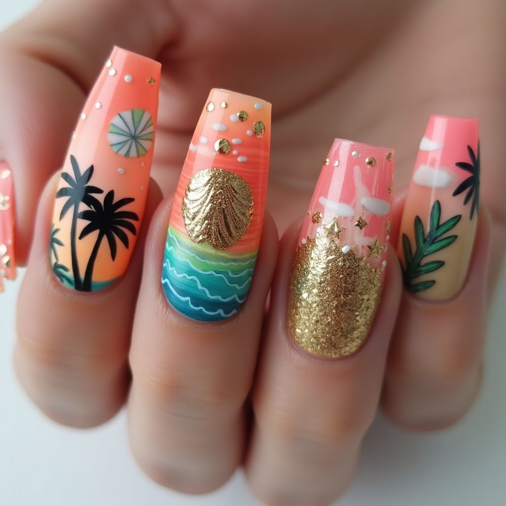 Vacation Freehand art Nail Design