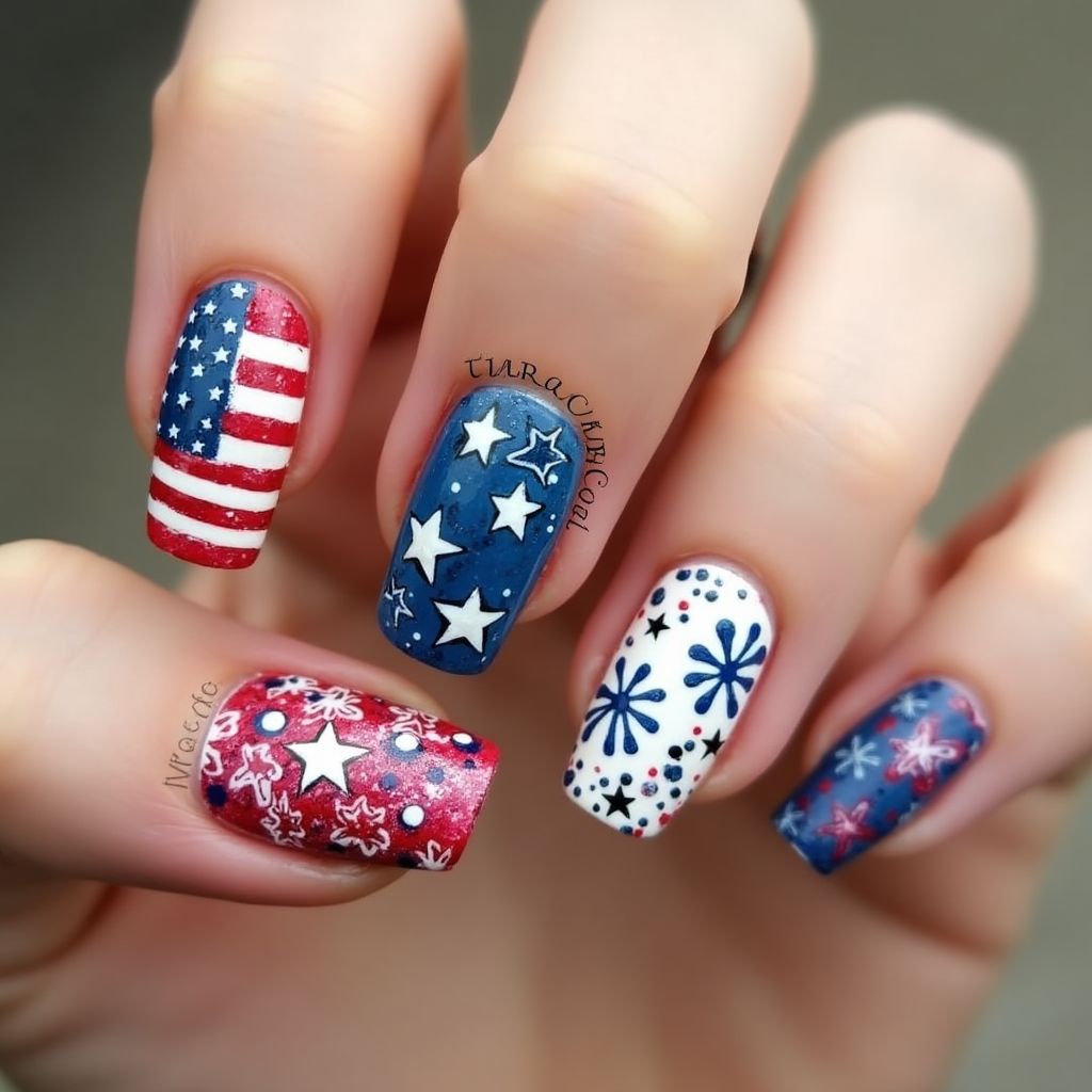Independence Day Freehand Art Nail Design