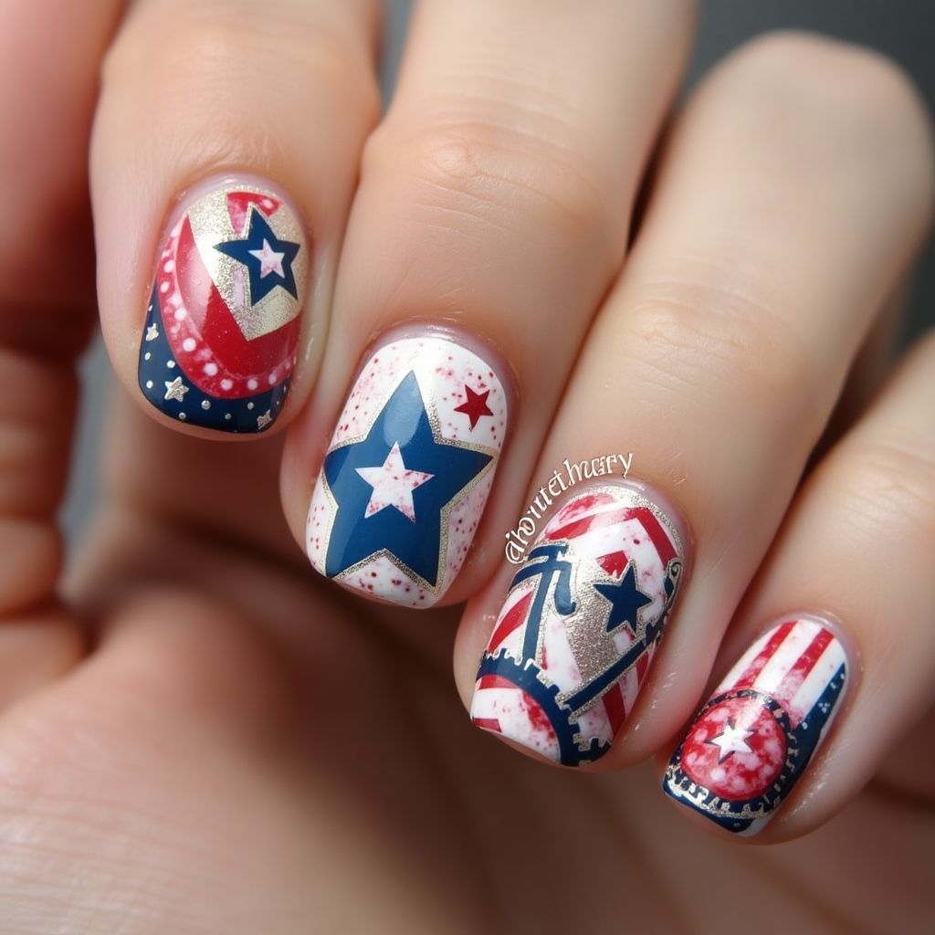 Labor Day Freehand Art Nail Design