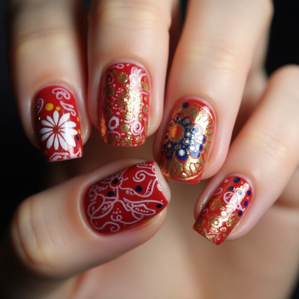 Diwali Water marbling Nail Design