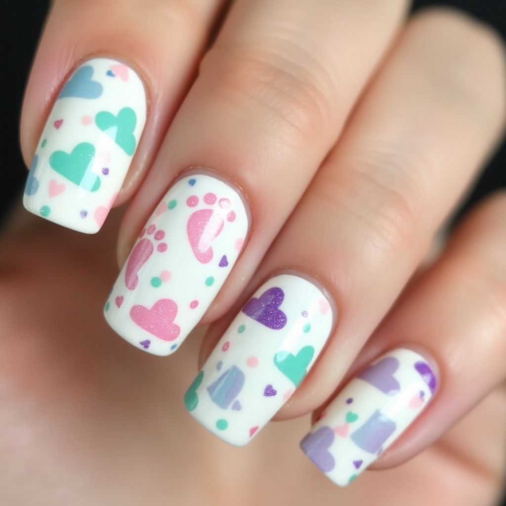 Baby Shower Water Marbling Nail Design
