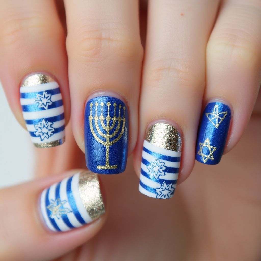 Hanukkah Stripes And Lines Nail Design