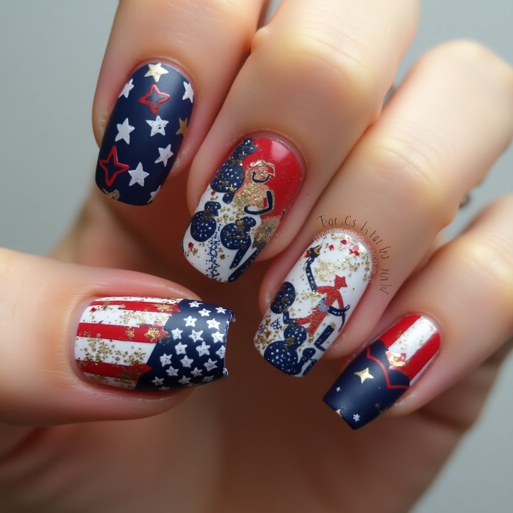 Labor Day Freehand Art Nail Design