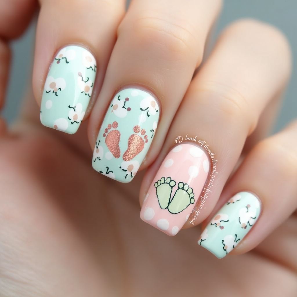 Baby Shower Freehand Art Nail Design