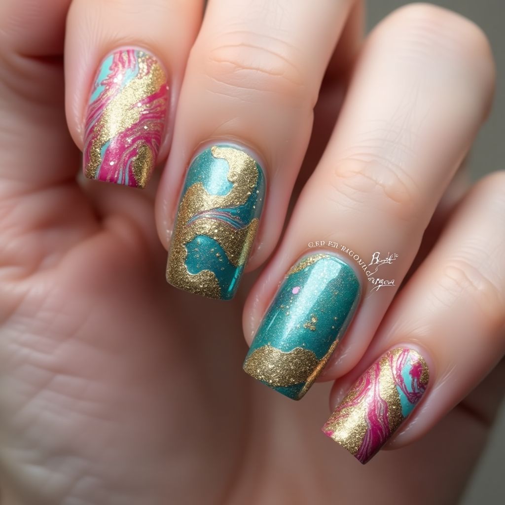 Party Water Marbling Nail Design