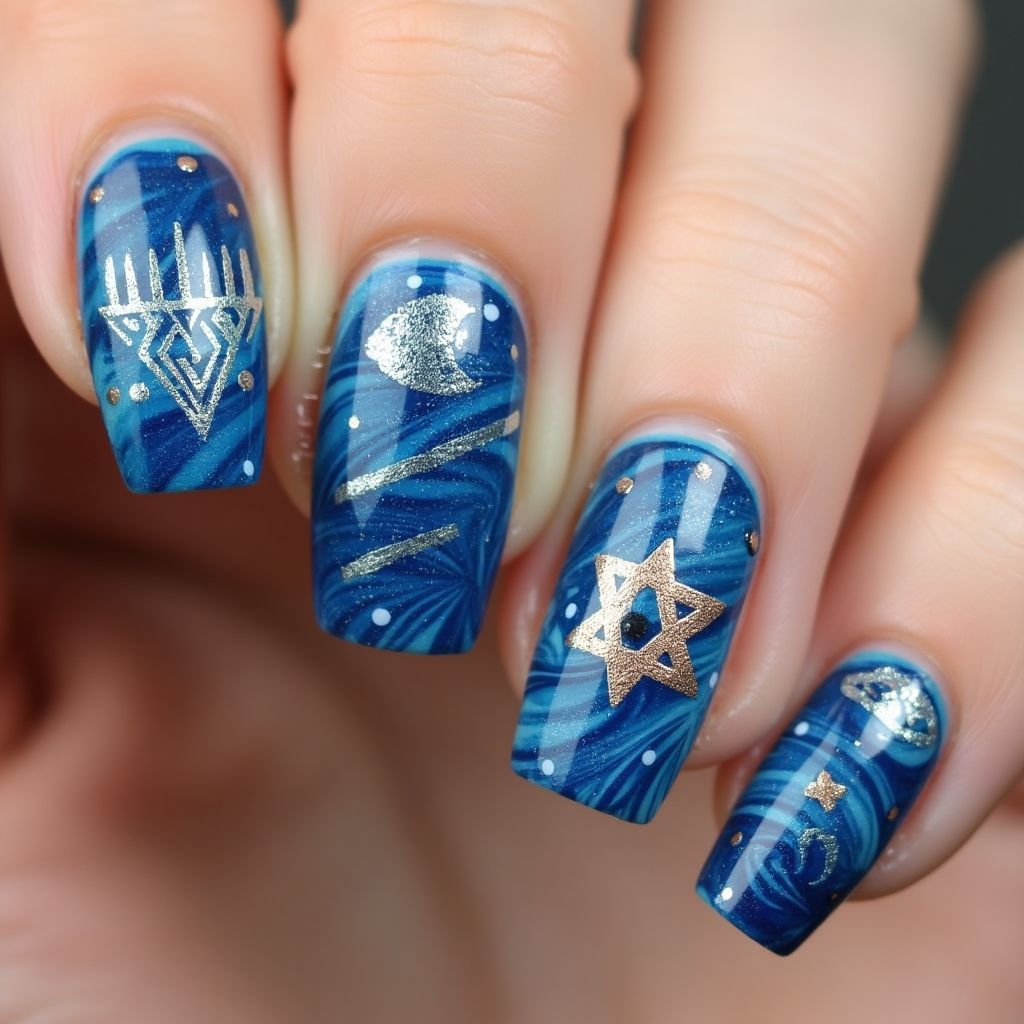 Hanukkah Water Marbling Nail Design