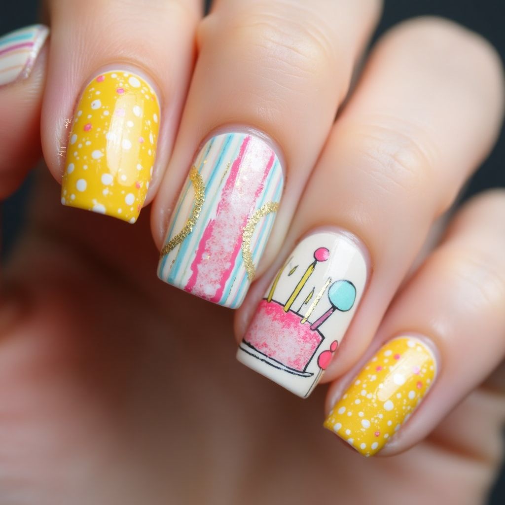 Birthday Stripes And Lines Nail Design