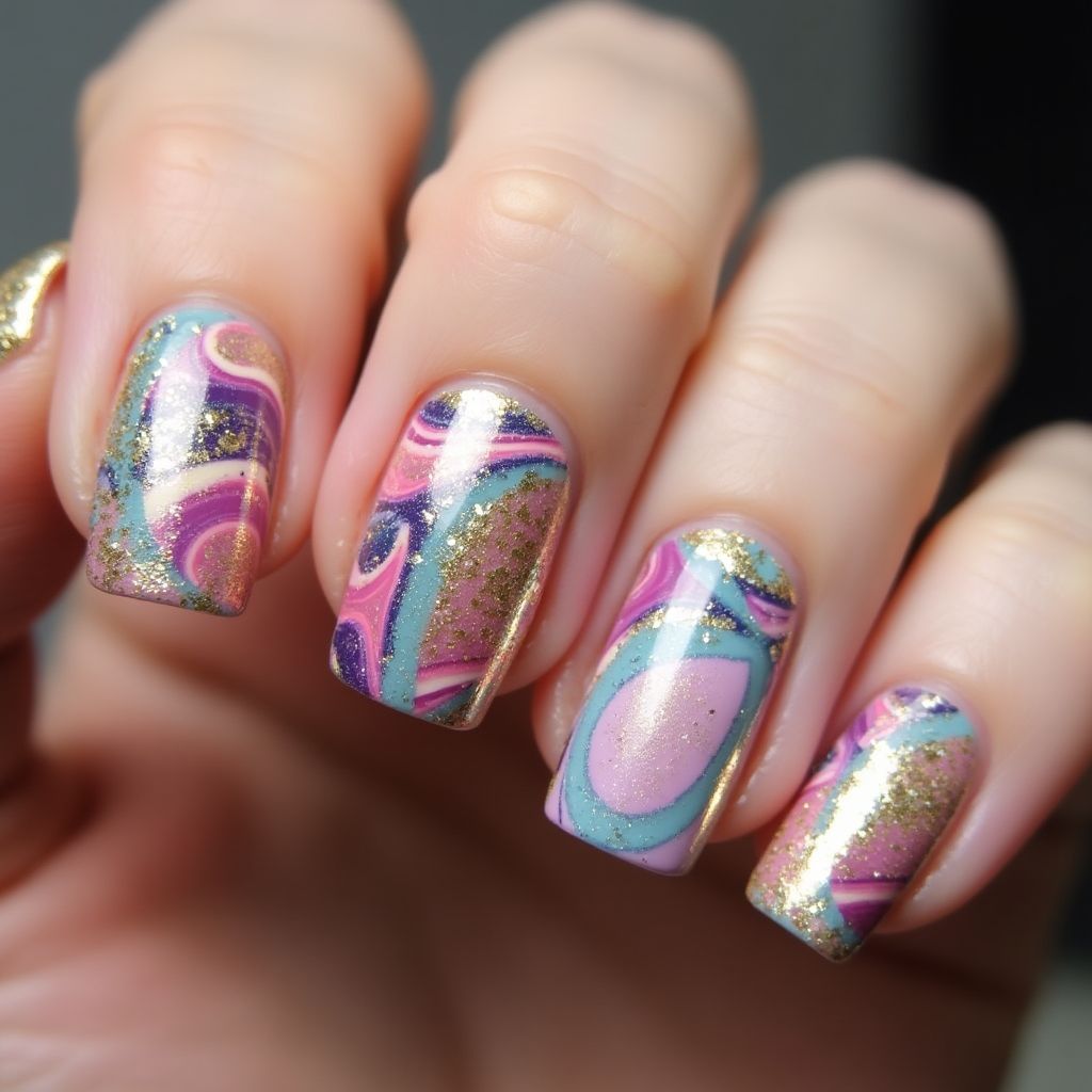 Party Water Marbling Nail Design