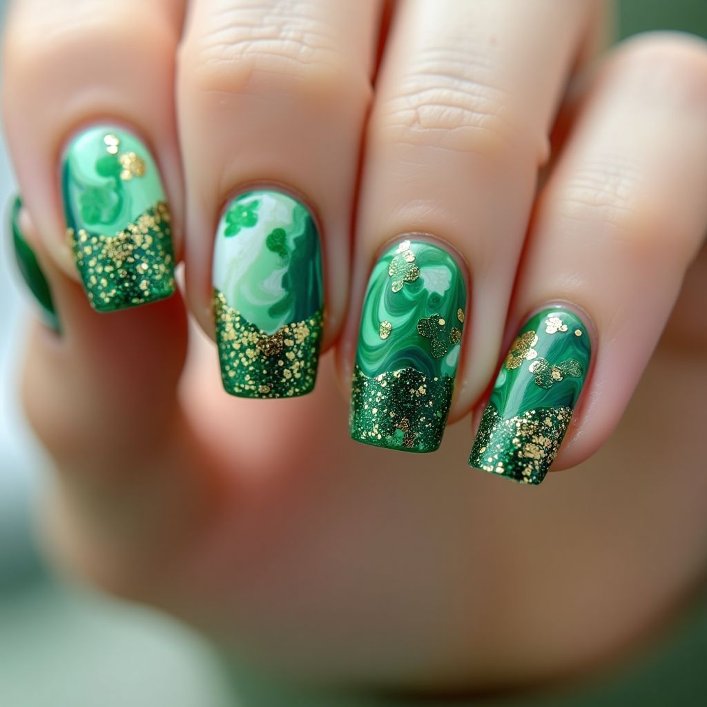 St Patrick's Day Water Marbling Nail Design