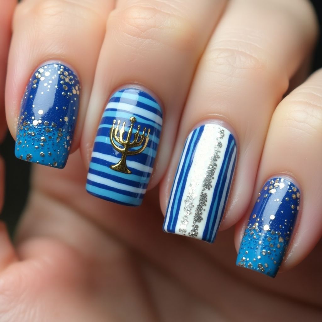 Hanukkah Stripes And Lines Nail Design