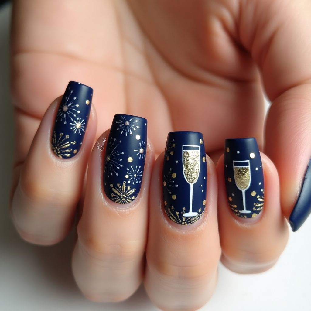 New Year Freehand Art Nail Design