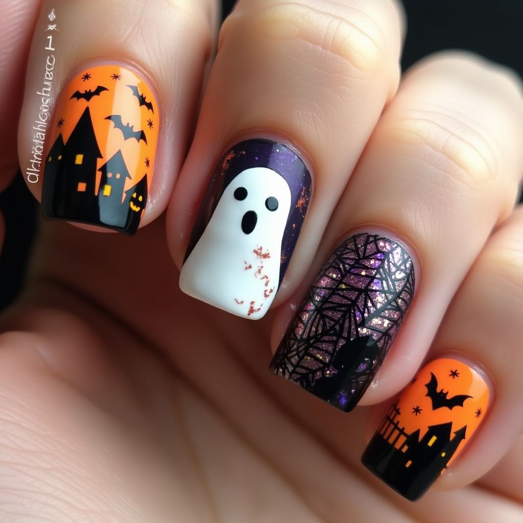 Halloween Freehand Art Nail Design