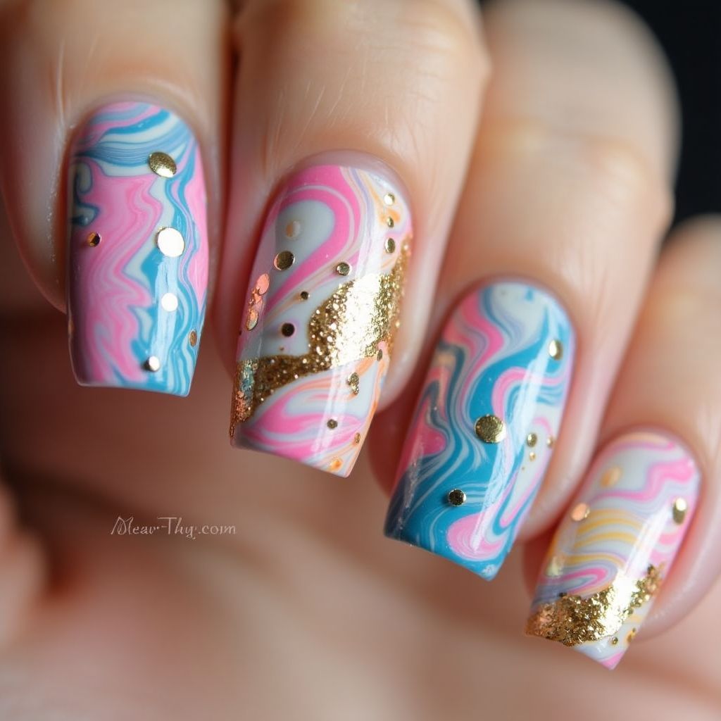 Birthday Water Marbling Nail Design