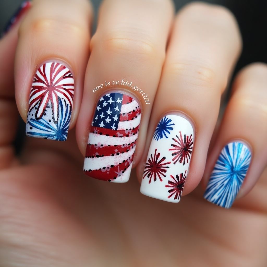 4th Of July Freehand Art Nail Design