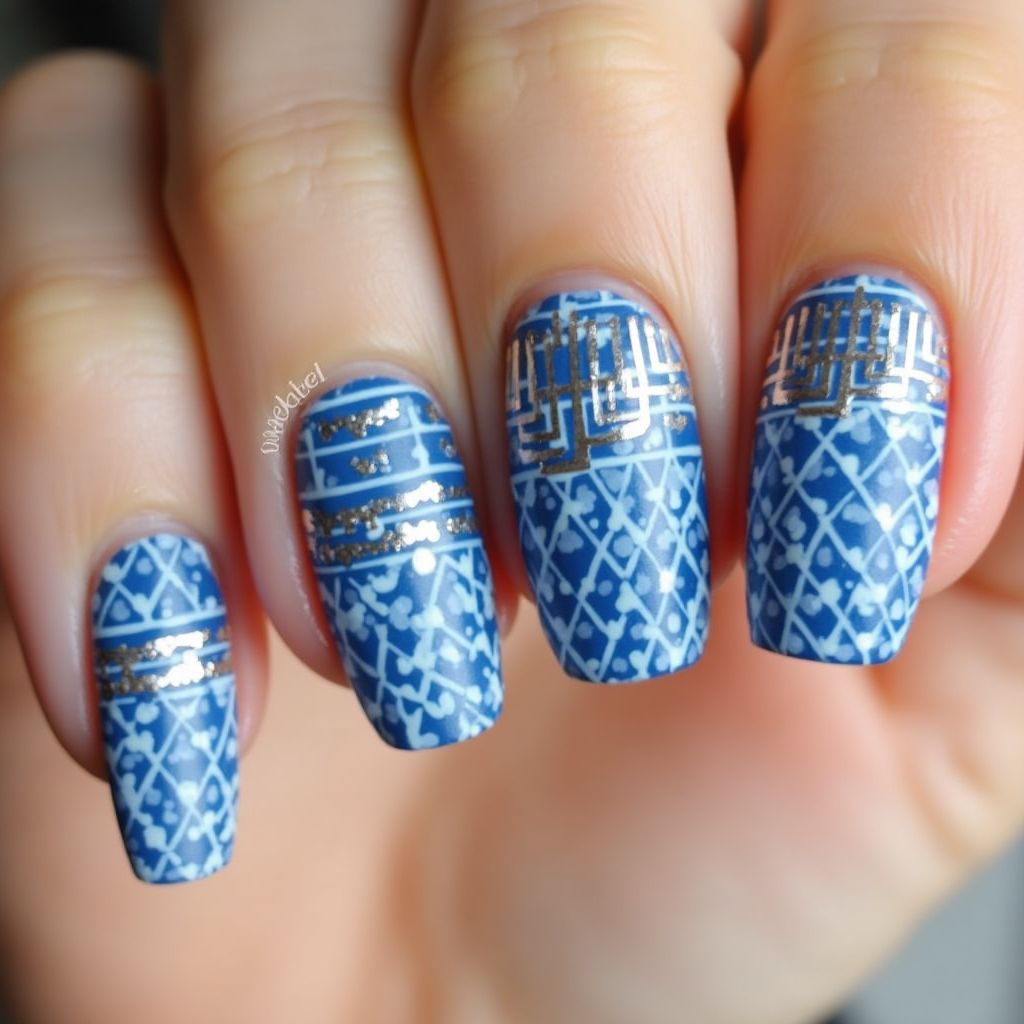 Hanukkah Stripes And Lines Nail Design