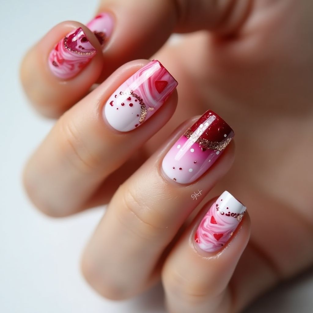 Valentine's Day Water Marbling Nail Design