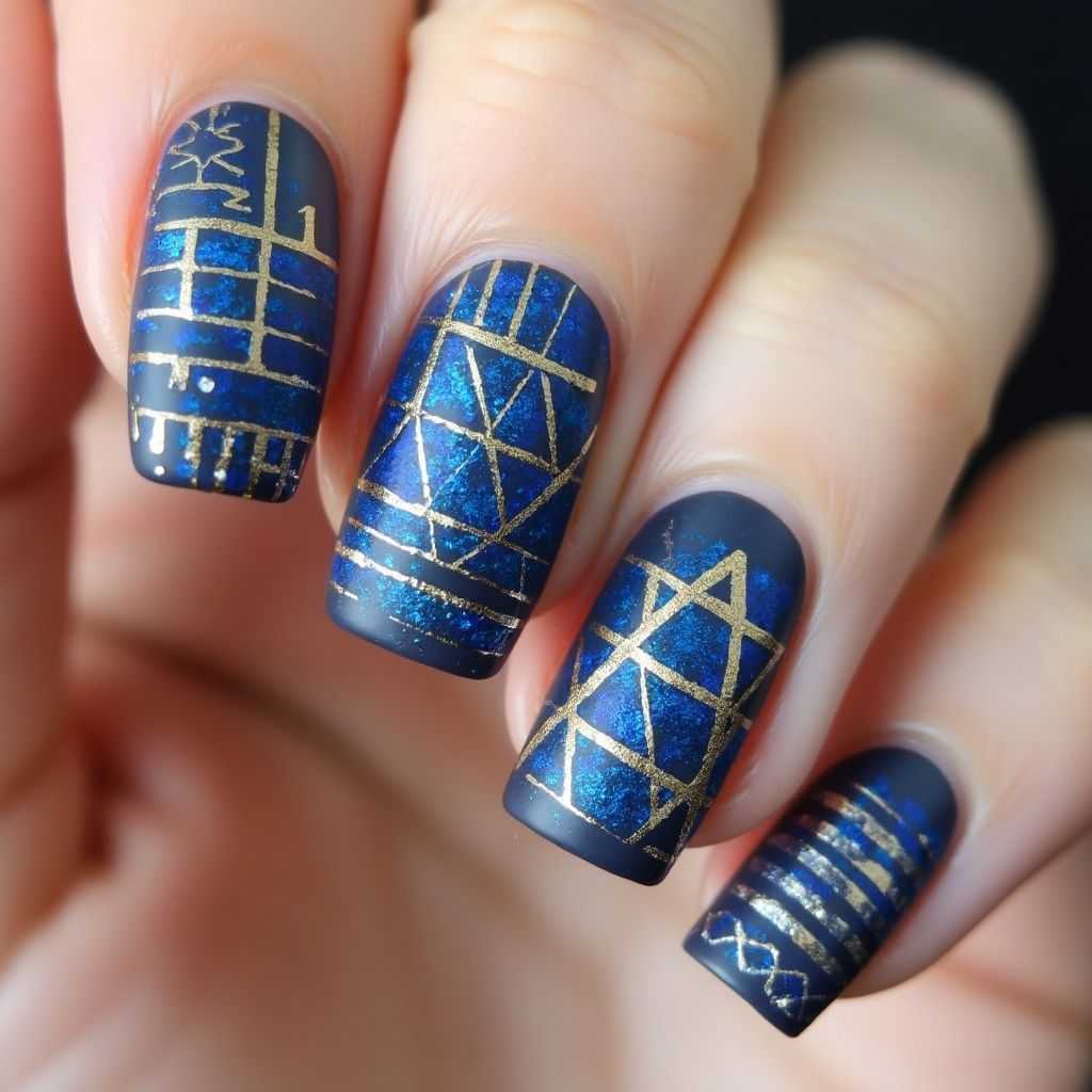 Hanukkah Stripes and lines Nail Design