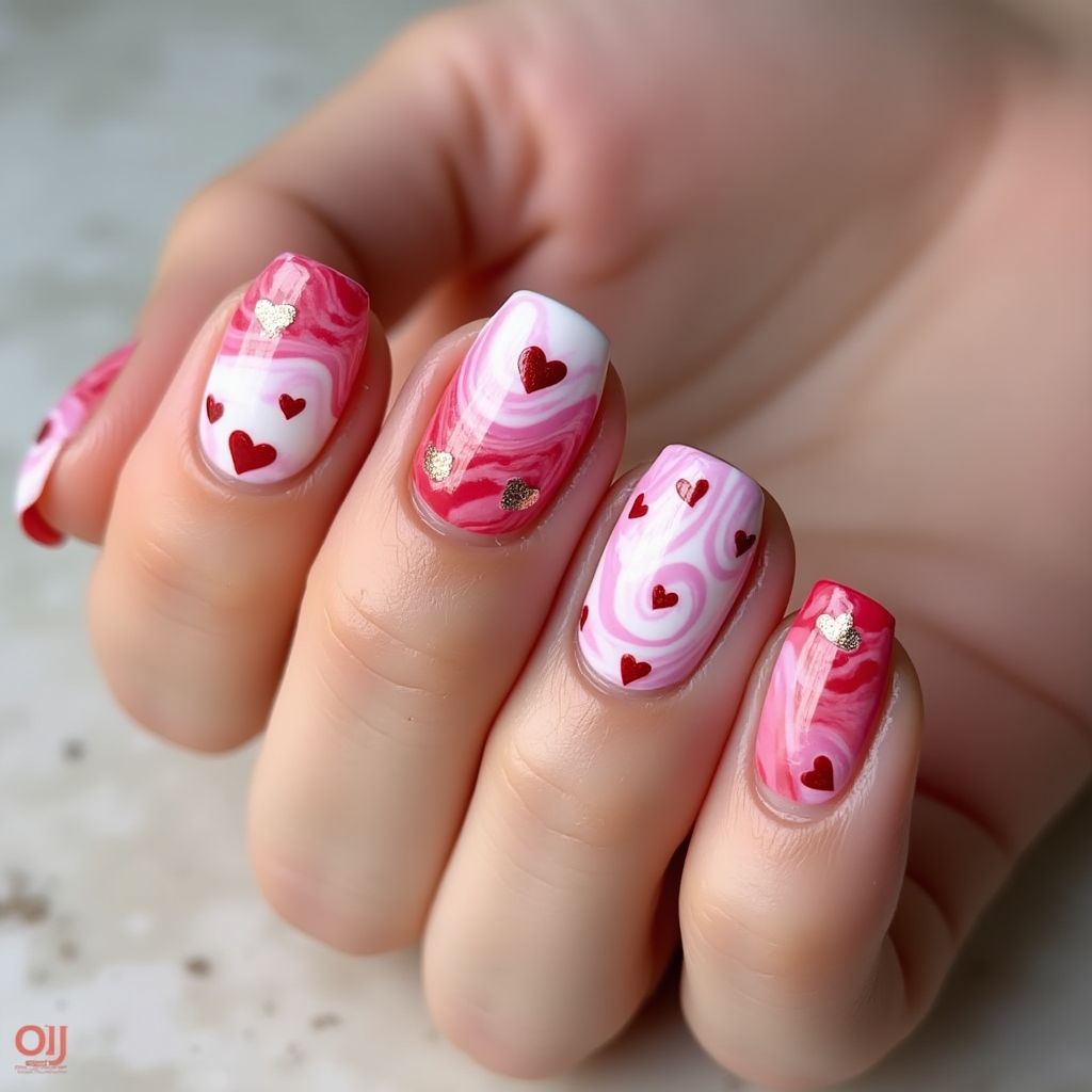Valentine's Day Water Marbling Nail Design