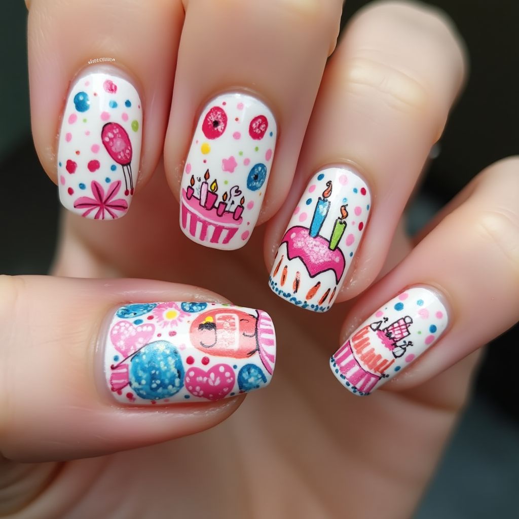 Birthday Freehand Art Nail Design