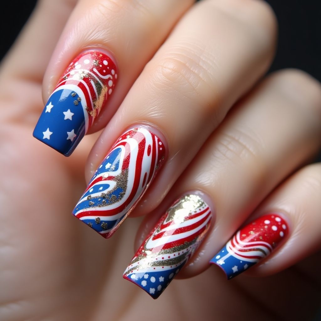 Labor Day Water Marbling Nail Design