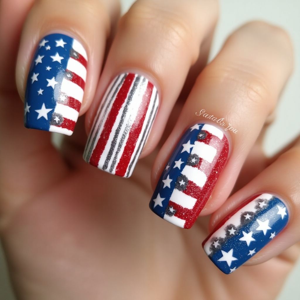 4th Of July Stripes And Lines Nail Design