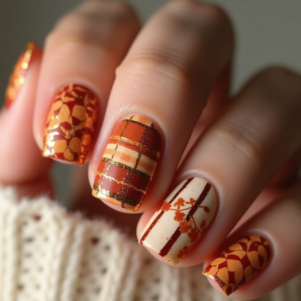 Thanksgiving Stripes And Lines Nail Design