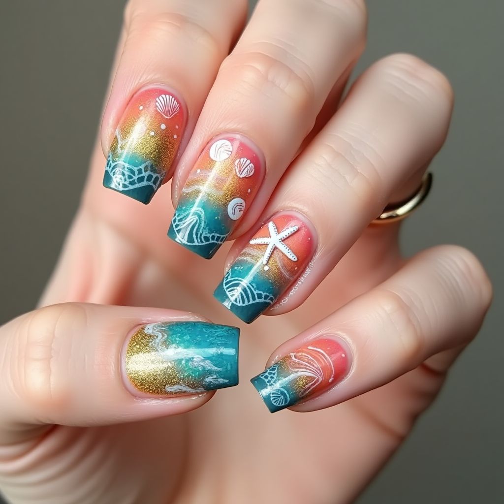 Beach Water Marbling Nail Design