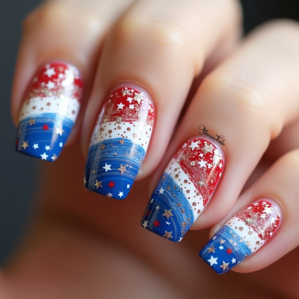 4th Of July Water Marbling Nail Design