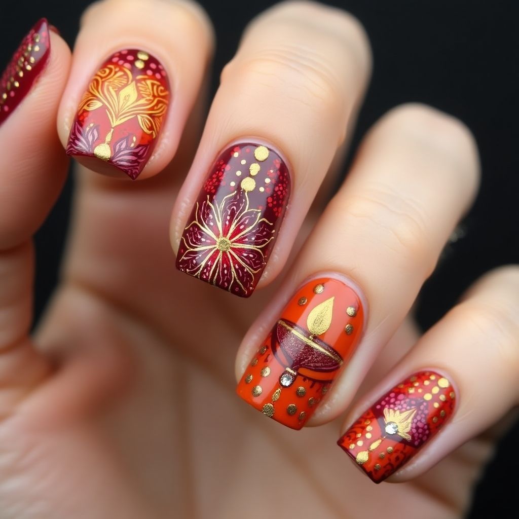 Diwali Freehand Art Nail Design