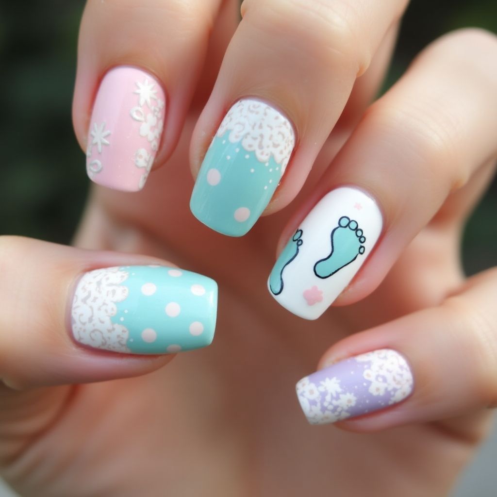 Baby Shower Water Marbling Nail Design