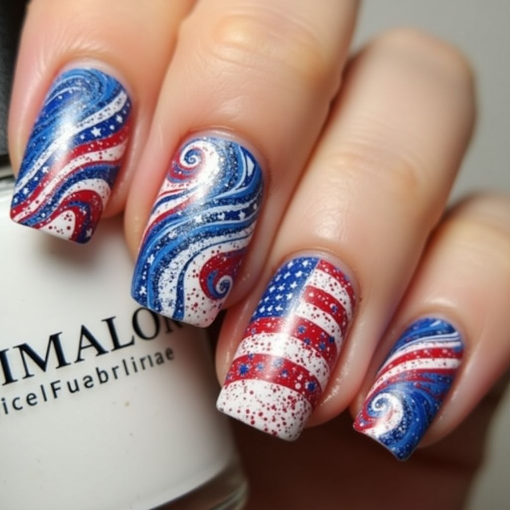 Memorial Day Water Marbling Nail Design