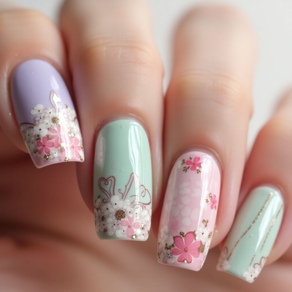 Mother's Day Water Marbling Nail Design