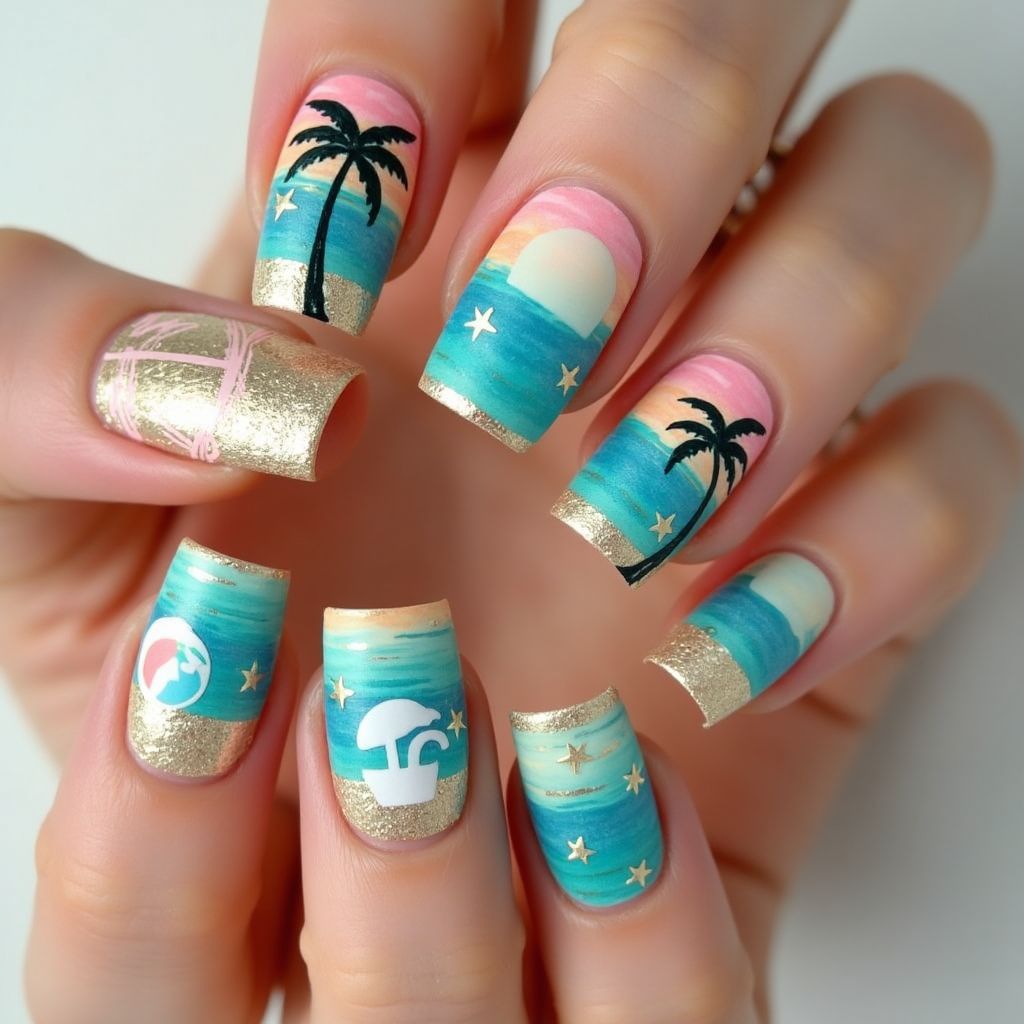 Beach Freehand Art Nail Design