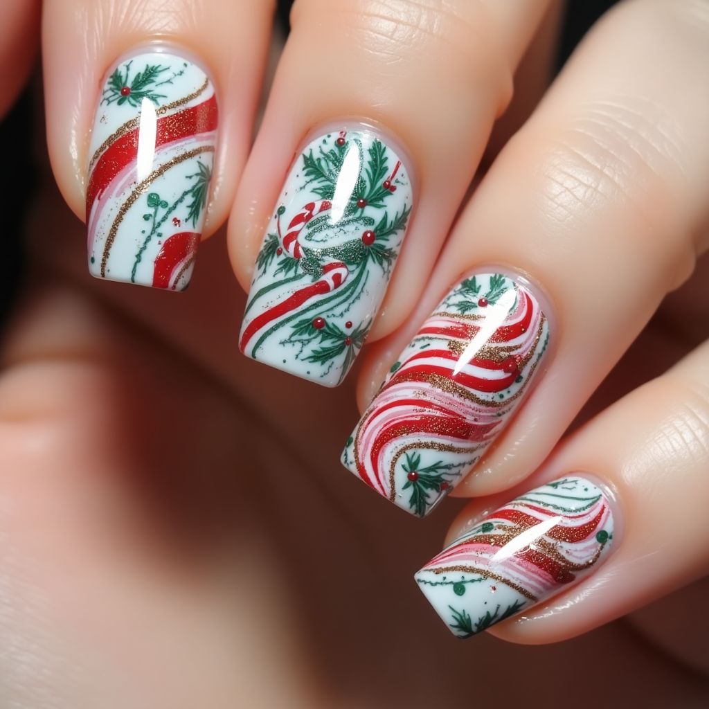 Christmas Water Marbling Nail Design