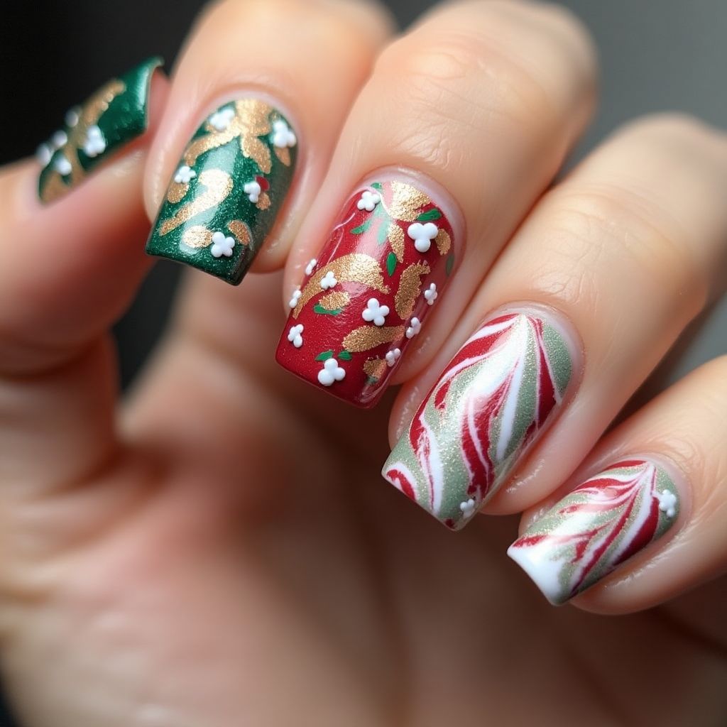 Christmas Water Marbling Nail Design