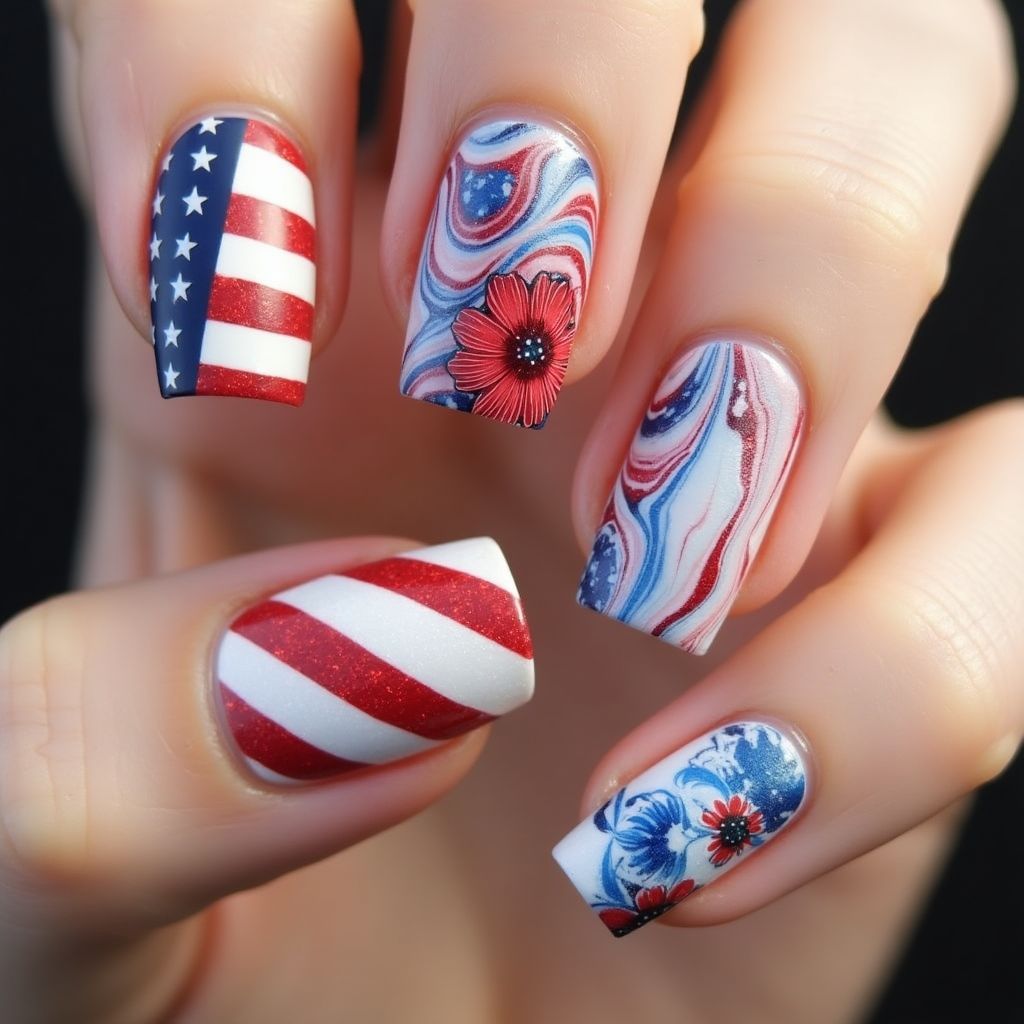 Memorial Day Water Marbling Nail Design