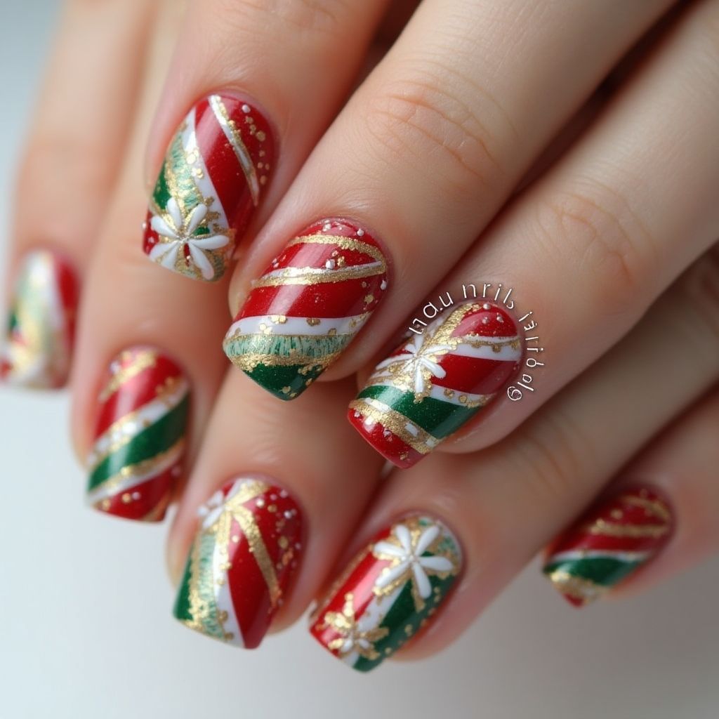 Holiday Stripes And Lines Nail Design