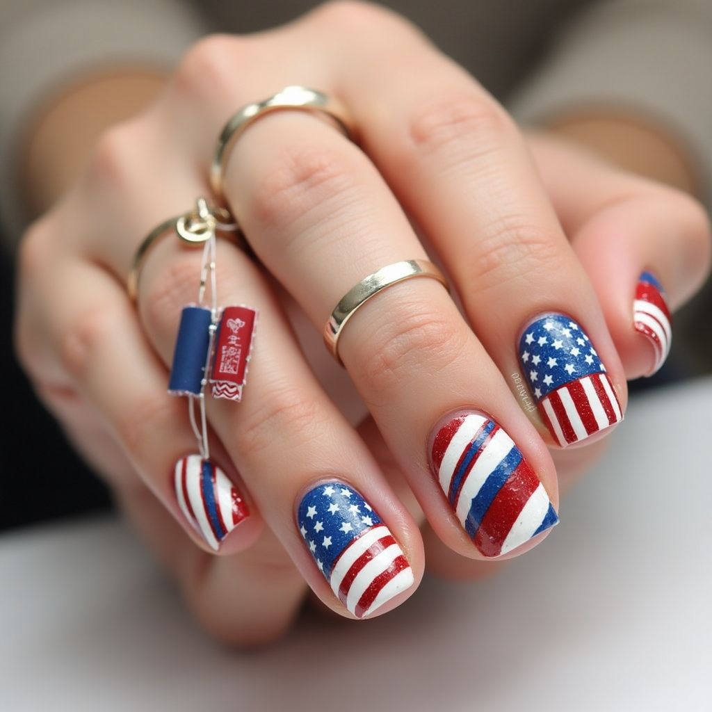 Labor Day Stripes And Lines Nail Design
