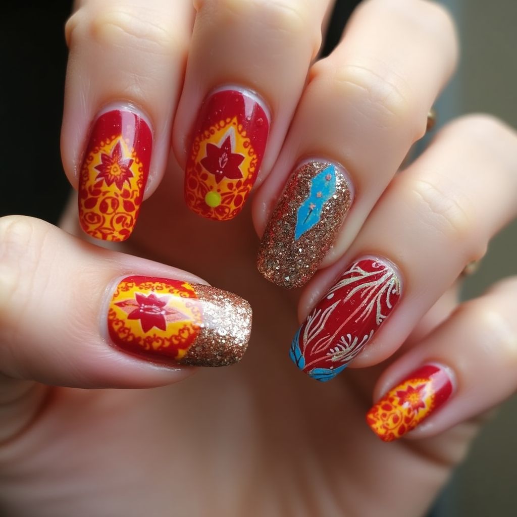 Diwali Water Marbling Nail Design