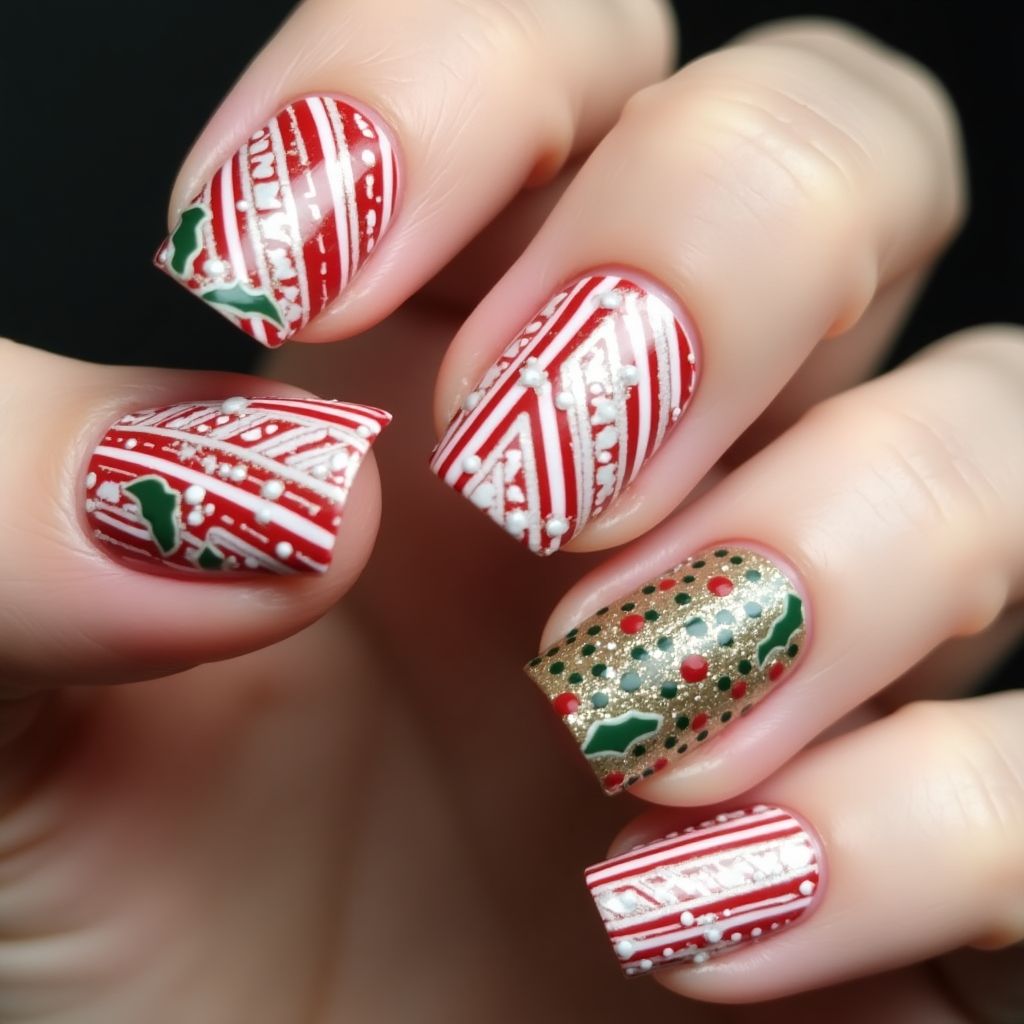Christmas Stripes And Lines Nail Design