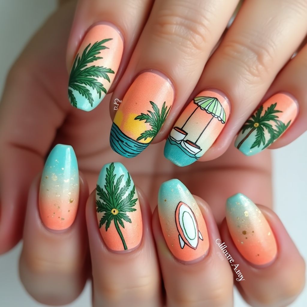 Vacation Freehand Art Nail Design