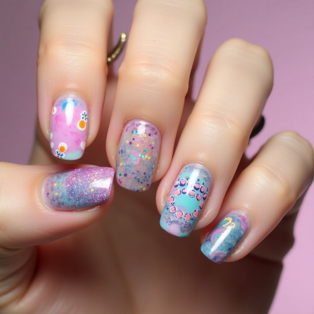 Birthday Water Marbling Nail Design