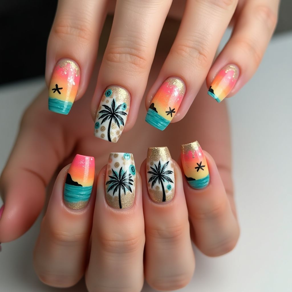 Vacation Freehand Art Nail Design