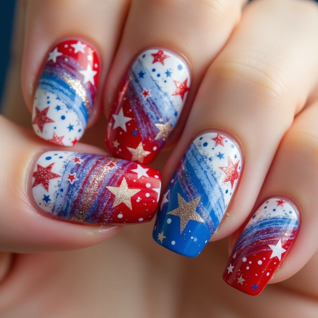 Independence Day Water Marbling Nail Design