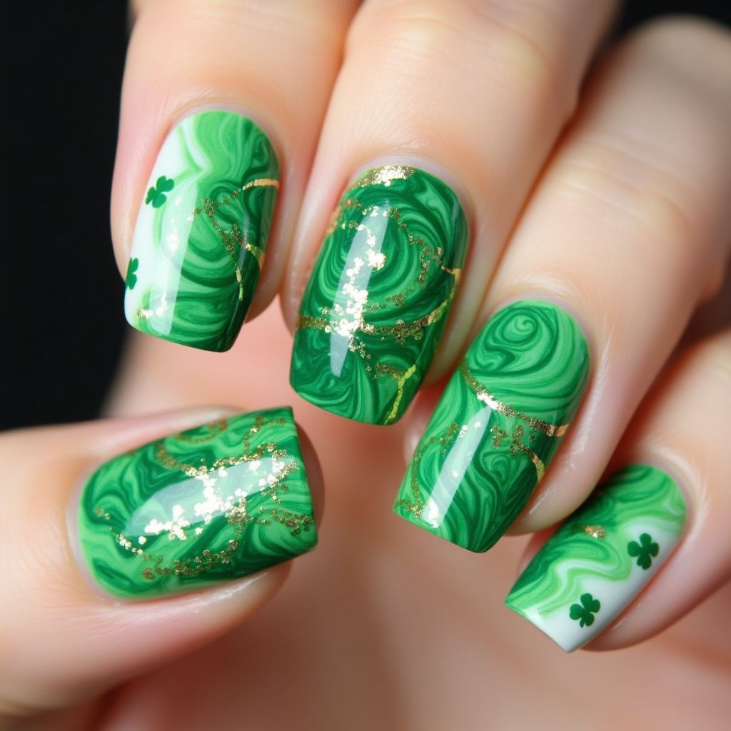 St Patrick's Day Water Marbling Nail Design