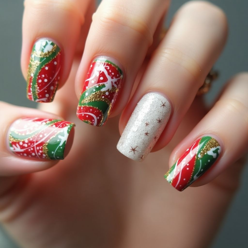 Holiday Water Marbling Nail Design
