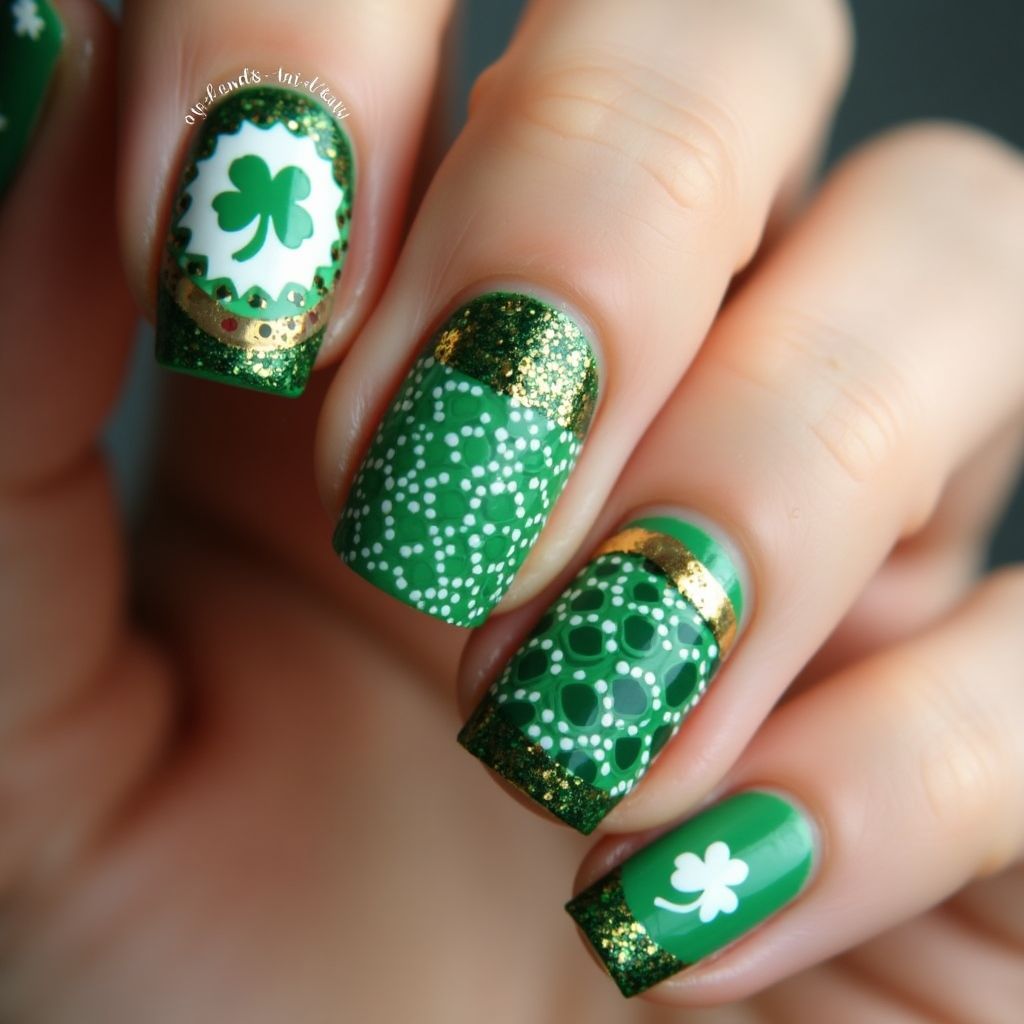 St Patrick's Day Dotting Nail Design