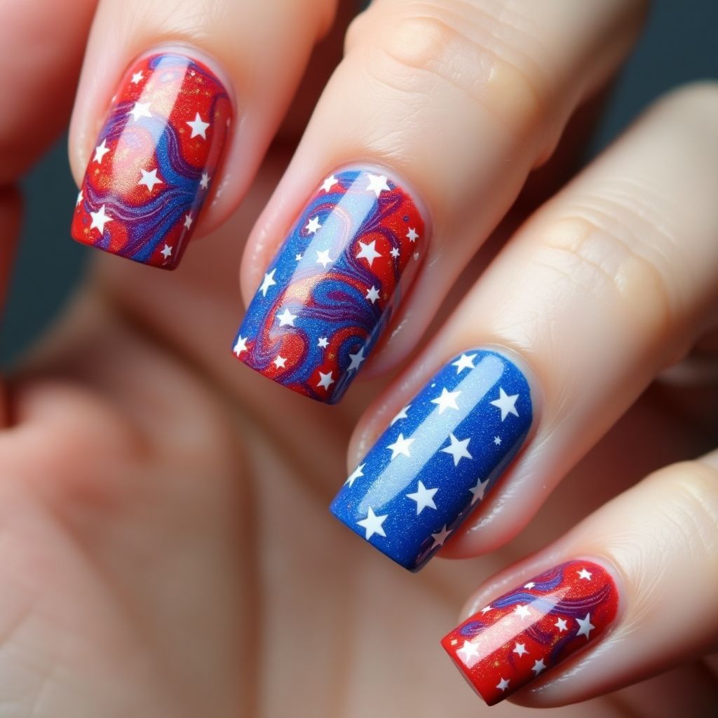 Independence Day Water Marbling Nail Design