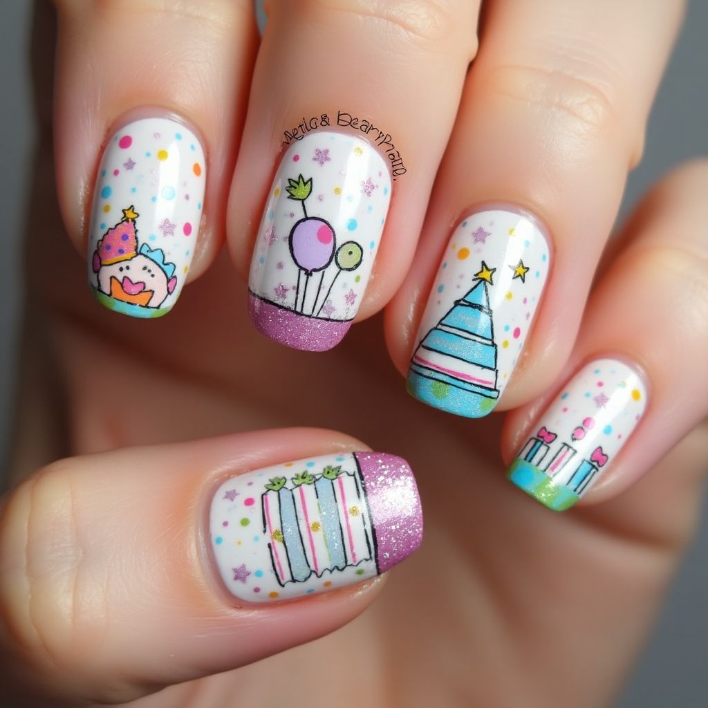Birthday Freehand Art Nail Design